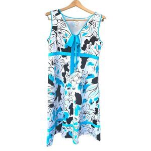 Cato 12 Teal Blue White Linen Blend Dress Sleeveless Fit & Flare Y2K Babydoll